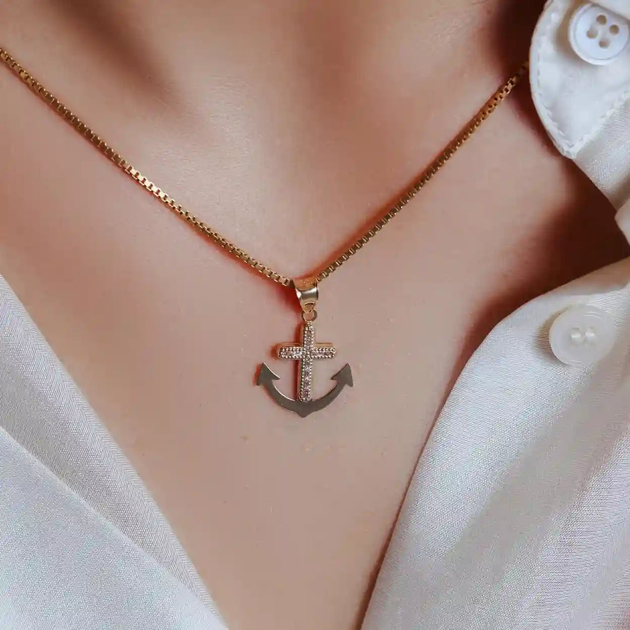 14 Karat Yellow Gold Anchor Beaded Cross Clear CZ Pendant