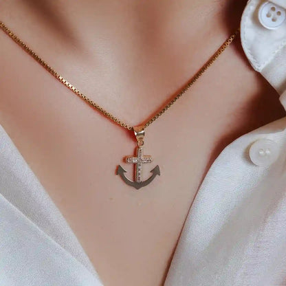 14 Karat Yellow Gold Anchor Beaded Cross Clear CZ Pendant