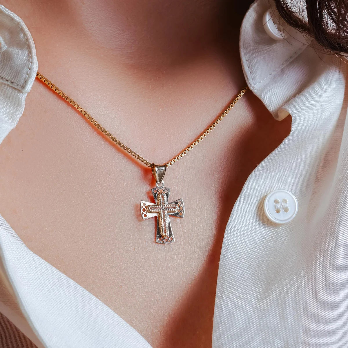 14 Karat Yellow Gold Beaded Cross Clear CZ Pendant