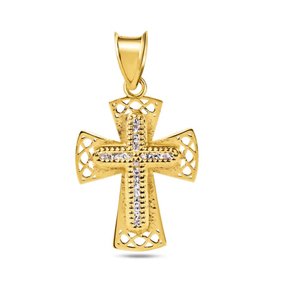 14 Karat Yellow Gold Beaded Cross Clear CZ Pendant