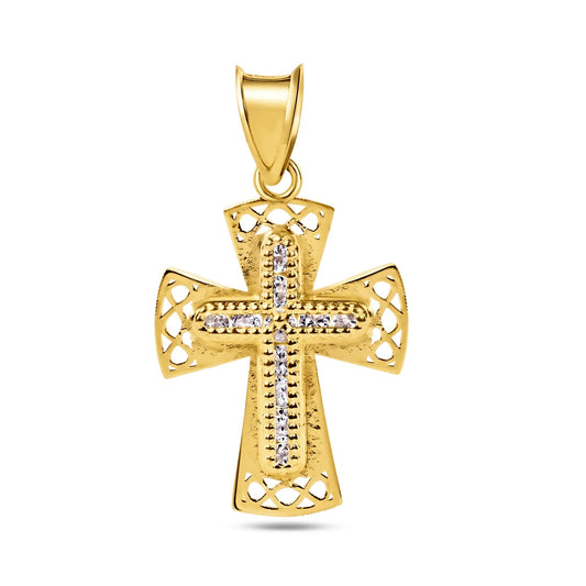 14 Karat Yellow Gold Beaded Cross Clear CZ Pendant