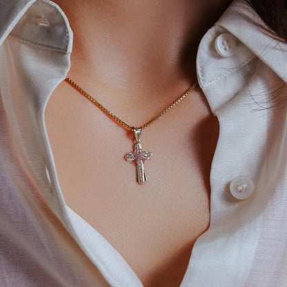 14 Karat Yellow Gold Cross Two Tone Clear CZ Pendant