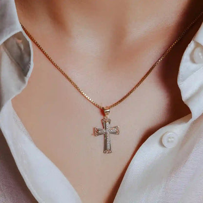 14 Karat Yellow Gold Bordered Cross Clear CZ Pendant