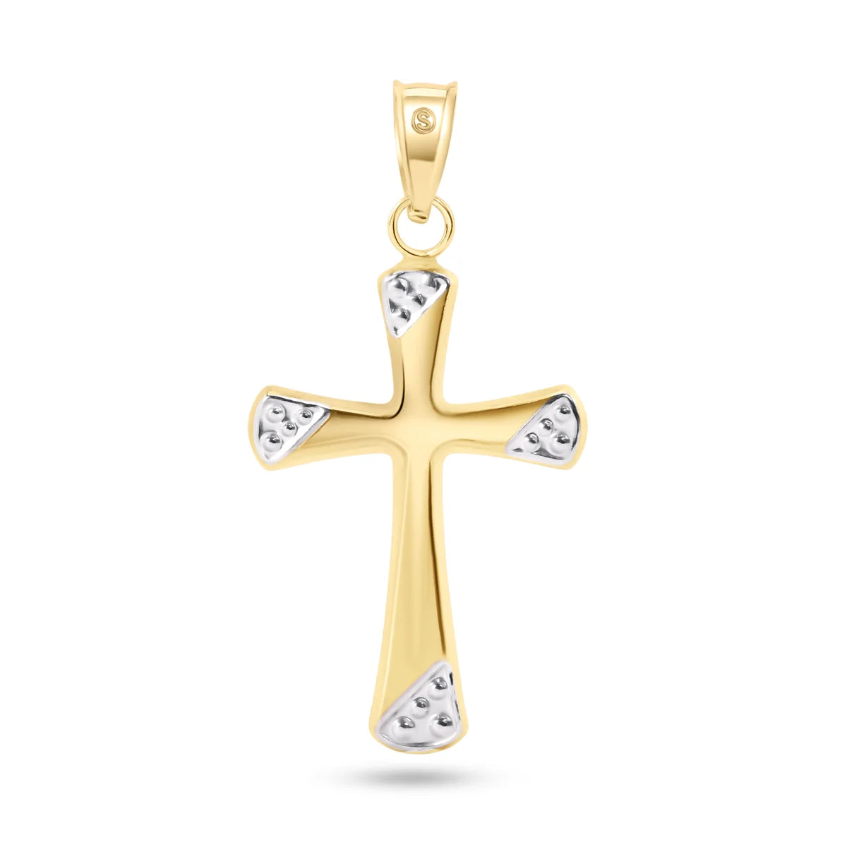 14 Karat Yellow Gold 2 Sided White Gold Beaded Edge Hollow Tube Cross Pendant