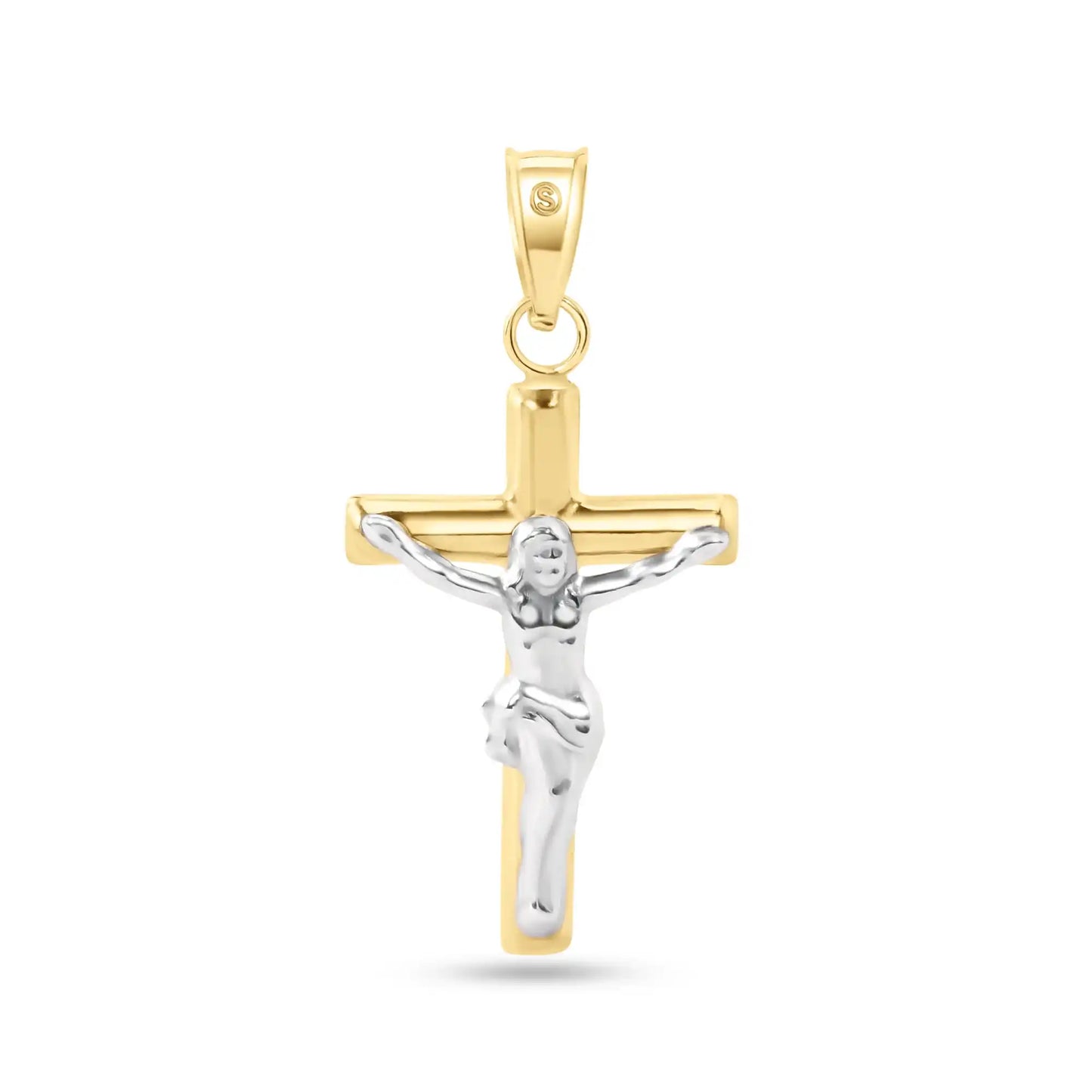 14 Karat Yellow Gold 2 Sided Cross White Gold Jesus Hollow Tube Cross Pendant