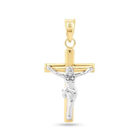 14 Karat Yellow Gold 2 Sided Cross White Gold Jesus Hollow Tube Cross Pendant