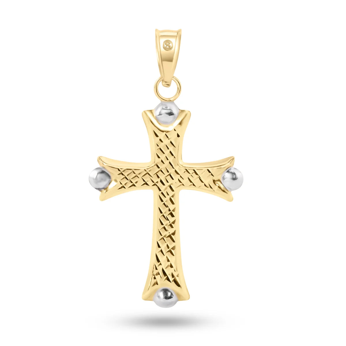 14 Karat Yellow Gold 2 Sided Patterned White Gold Bead Edge Hollow Tube Cross Pendant