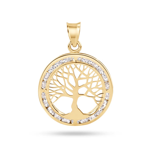 14 Karat Yellow Gold 19mm Tree of Life CZ Pendant