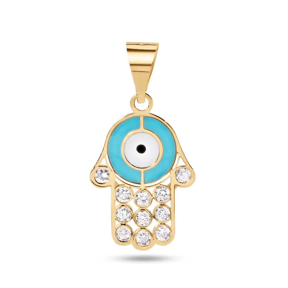 14 Karat Yellow Gold Hamsa Enamel Turquiose and White with Clear CZ Pendant