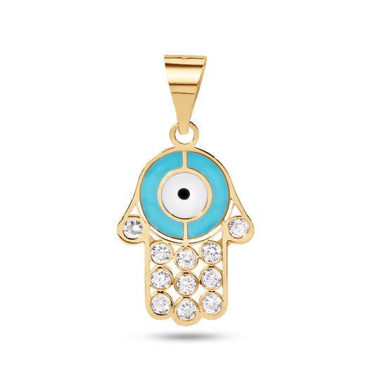 14 Karat Yellow Gold Hamsa Enamel Turquiose and White with Clear CZ Pendant