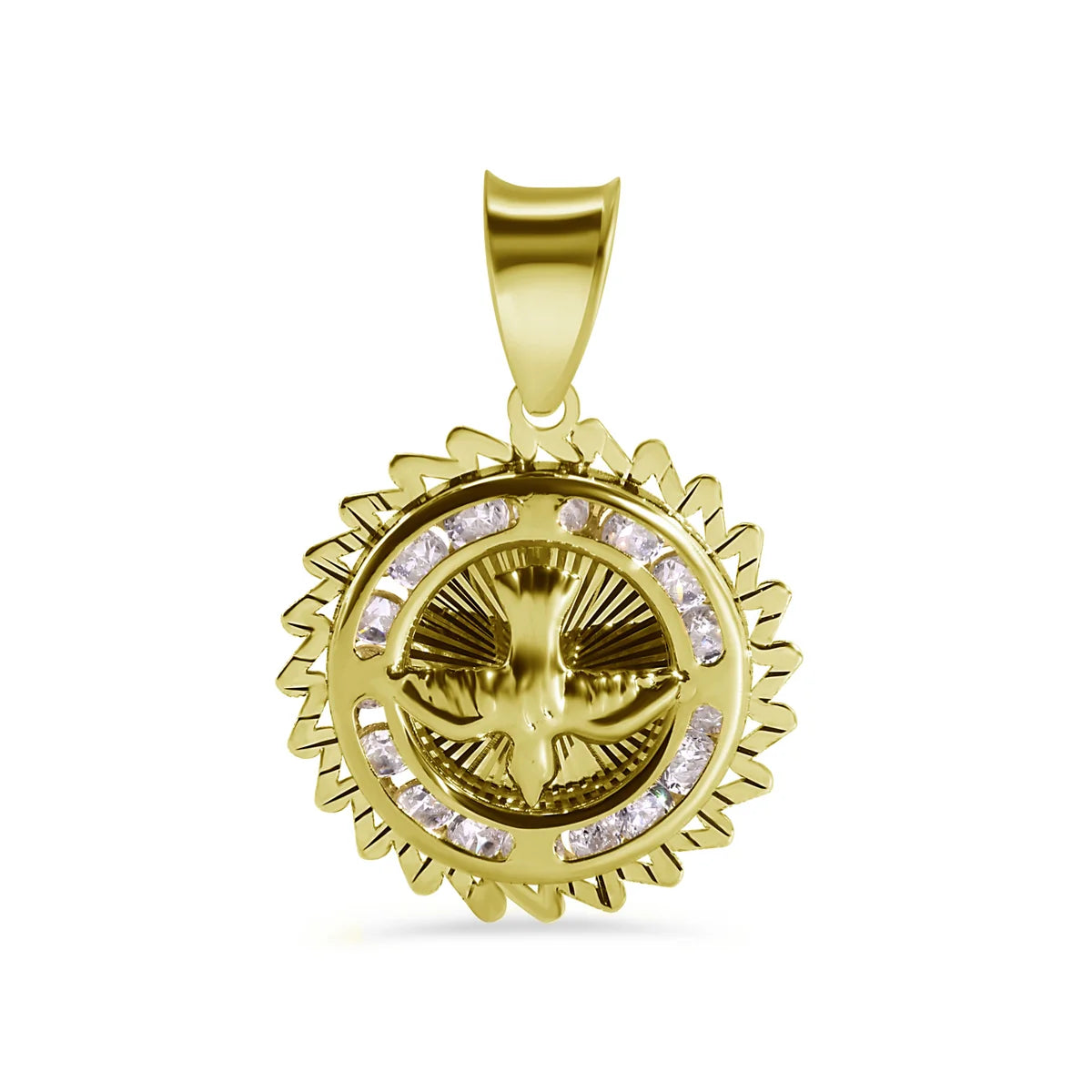 14 Karat Yellow Gold Round Holy Spirit Dove Diamond Cut Edge Clear CZ 13.6mm Pendant
