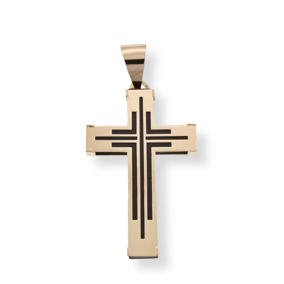 14 Karat Yellow Gold Outline Design Cross Black Enamel 20.8mm x 33.5mm Pendant