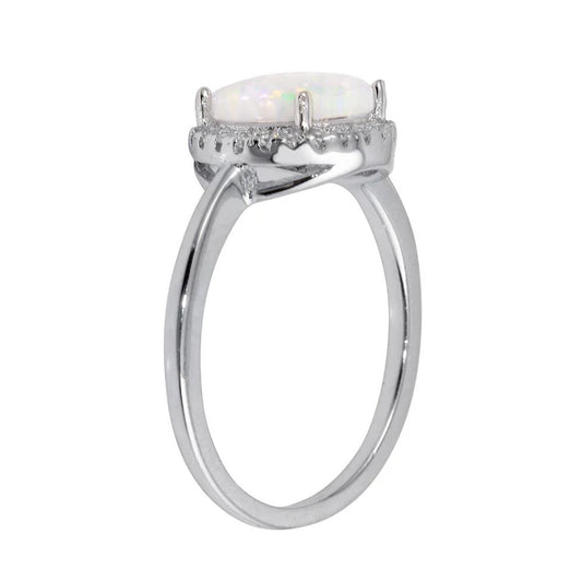 925 Sterling Silver Rhodium Plated Round Opal Stone Ring with CZ