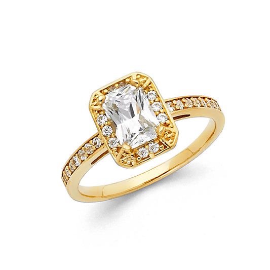 14K Yellow Gold Women's Emerald Cut Halo Cubic Zirconia Engagement Ring