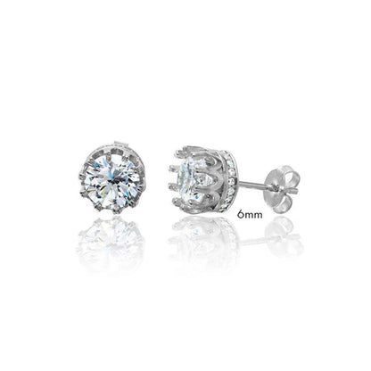 925 Sterling Silver Rhodium Plated Round Crown Basket Clear CZ Stud Earrings