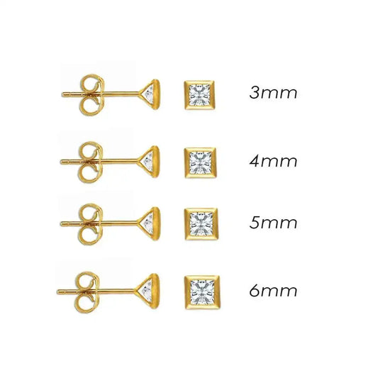 14 Karat Yellow Gold Push Back Bezel Square CZ Stud Earring