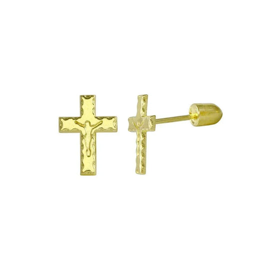 14 Karat Yellow Gold Cross Screw Back Stud Earring