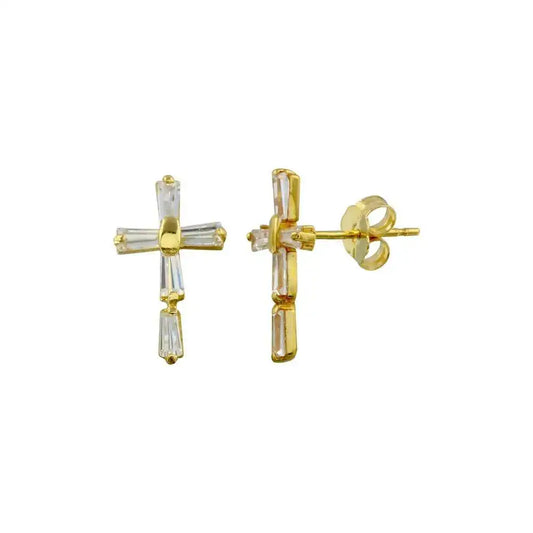 14 Karat Yellow Gold Cross Baguette Stud Earring