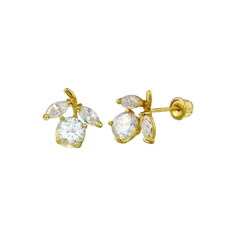 14 Karat Yellow Gold Flower Clear CZ Screw Back Stud Earring