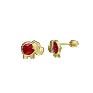 14 Karat Yellow Gold Elephant Red CZ Screw Back Stud Earring
