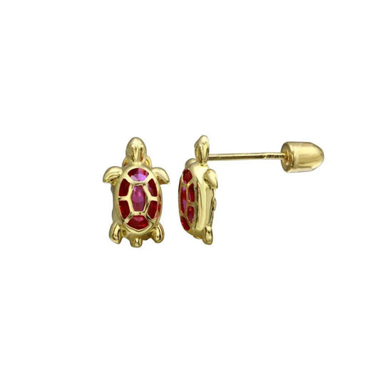 14 Karat Yellow Gold Turtle Red CZ Screw Back Stud Earring