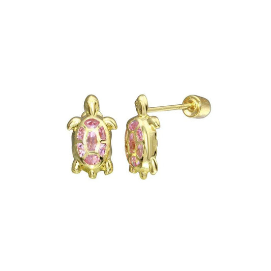 14 Karat Yellow Gold Turtle PINK CZ Screw Back Stud Earring