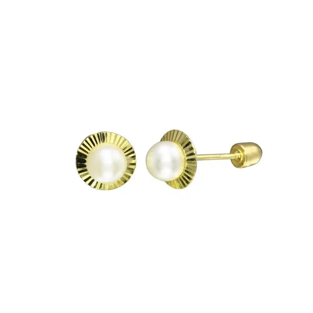 14 Karat Yellow Gold 4mm Pearl Center Diamond Cut Disc Screw Back Stud Earring