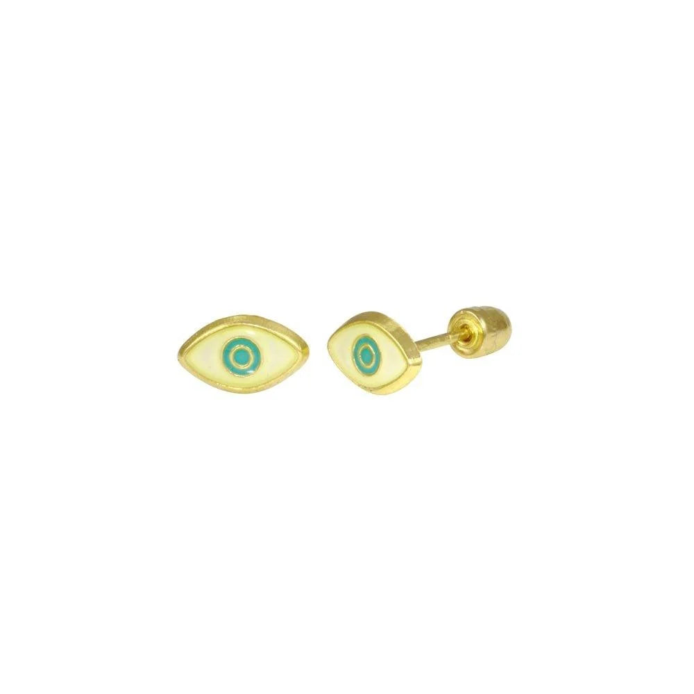14 Karat Yellow Gold Evil Eye Turquoise CZ Screw Back Stud Earring