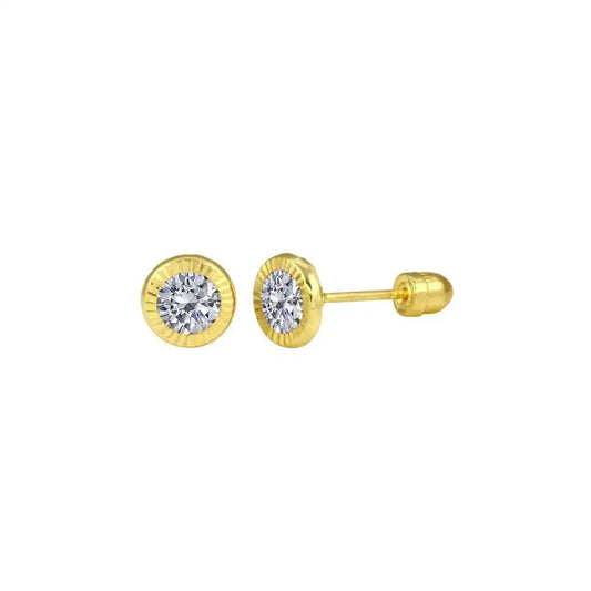 14 Karat Yellow Gold Round CZ Screw Back Stud Earring
