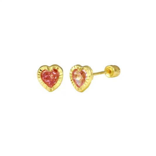 14 Karat Yellow Gold Heart Pink CZ Screw Back Stud Earring
