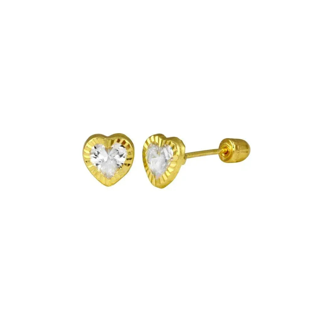 14 Karat Yellow Gold Heart Clear CZ Screw Back Stud Earring