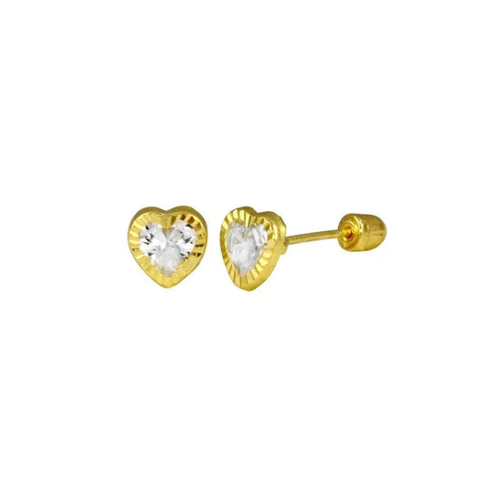 14 Karat Yellow Gold Heart Clear CZ Screw Back Stud Earring