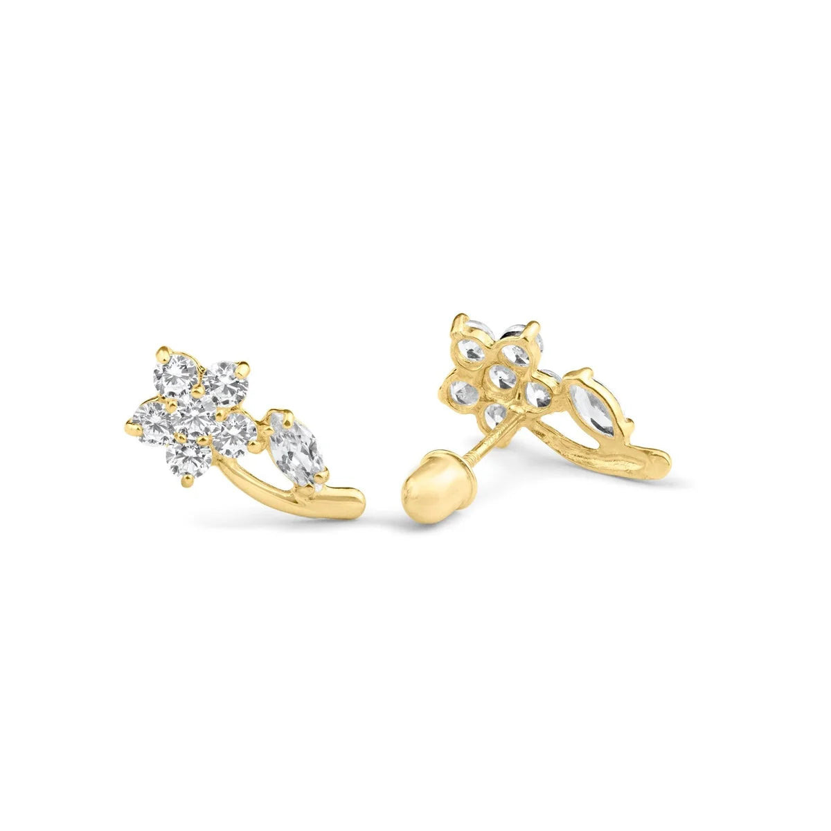 14 Karat Yellow Gold Flower Leaf Clear CZ Screw Back Stud Earring