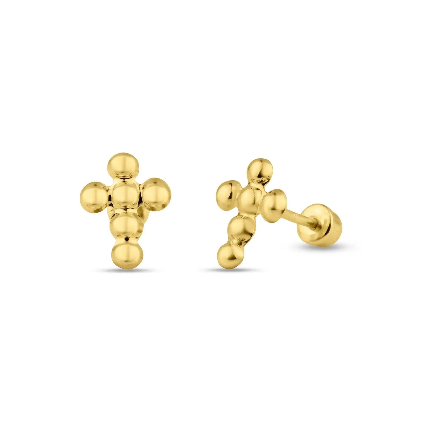 14 Karat Yellow Gold Beaded Cross Screw Back Stud Earring
