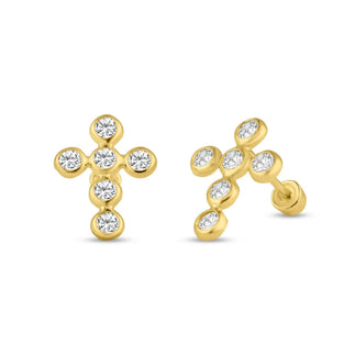 14 Karat Yellow Gold CZ Cross Screw Back Stud Earring