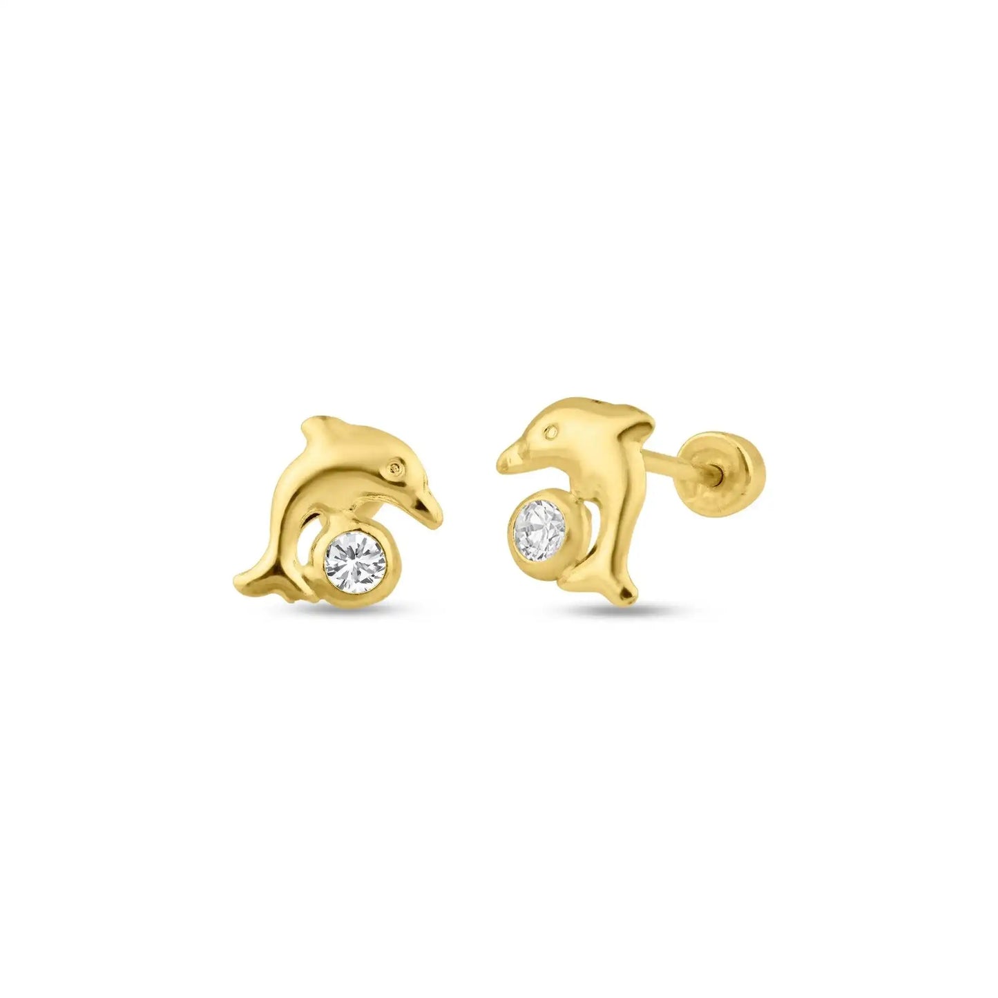 14 Karat Yellow Gold CZ Dolphin Screw Back Stud Earring