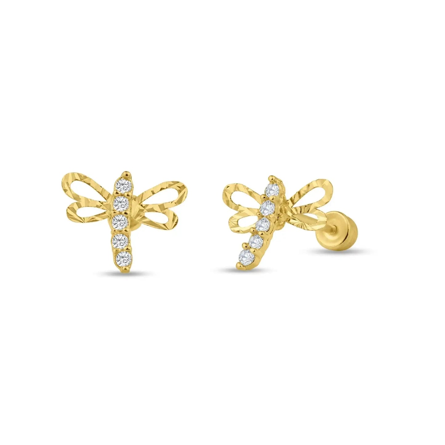 14 Karat Yellow Gold Dragonfly CZ Screw Back Stud Earring