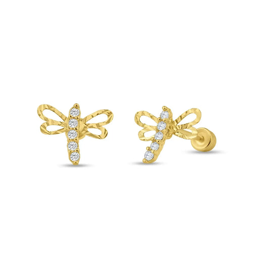 14 Karat Yellow Gold Dragonfly CZ Screw Back Stud Earring