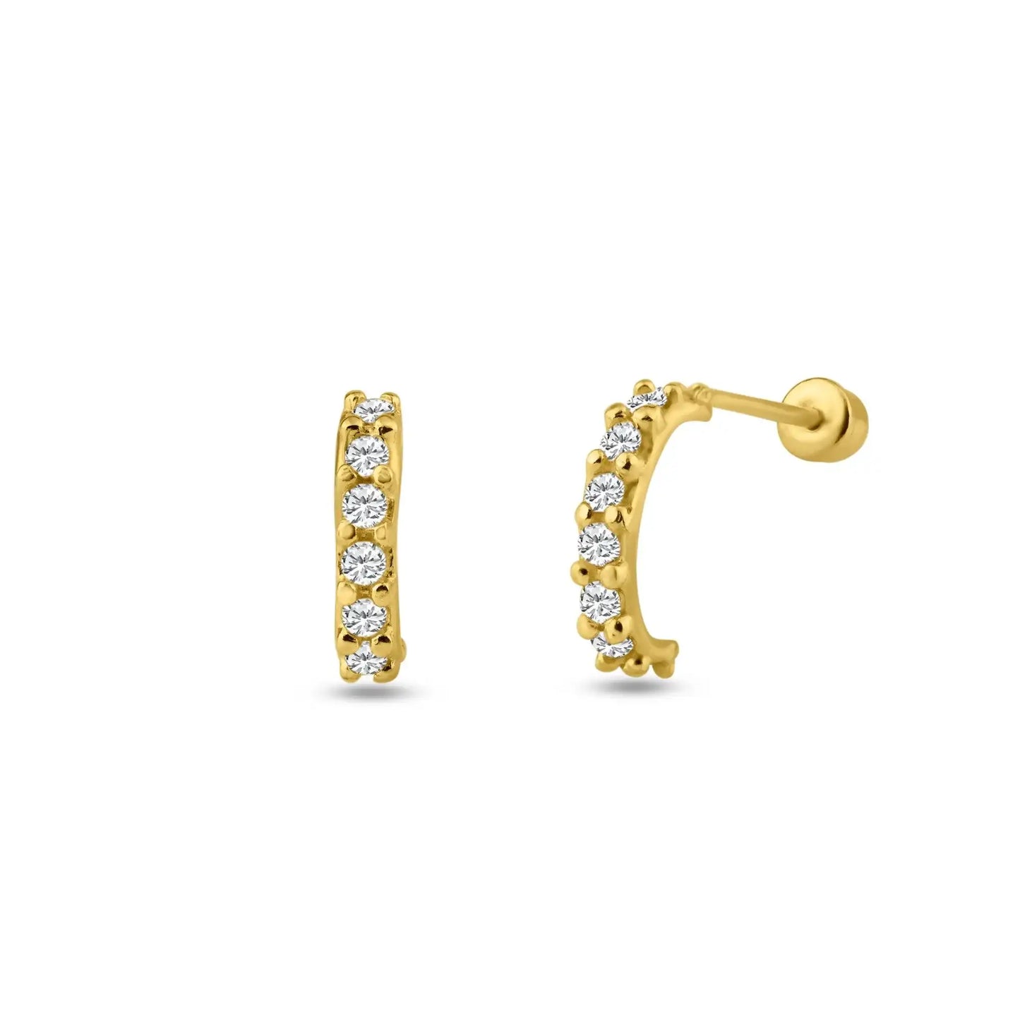 14 Karat Yellow Gold Semi Hoop CZ Screw Back Stud Earring