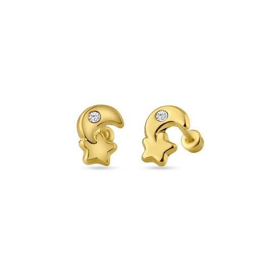 14 Karat Yellow Gold Moon Star CZ Screw Back Stud Earring