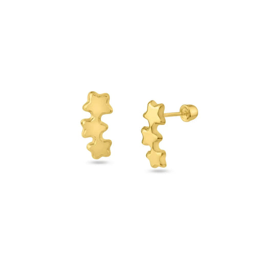 14 Karat Yellow Gold 3 Stars Screw Back Stud Earring