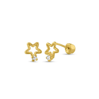 14 Karat Yellow Gold Open Star CZ Screw Back Stud Earring