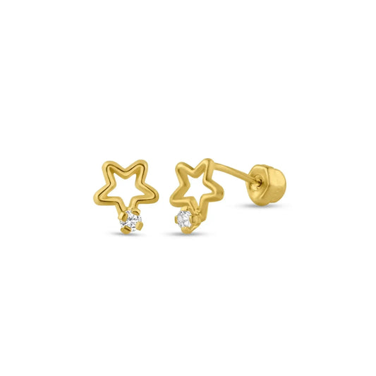 14 Karat Yellow Gold Open Star CZ Screw Back Stud Earring