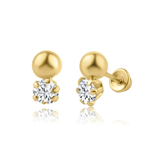14 Karat Yellow Gold Round CZ Screw Back Earring