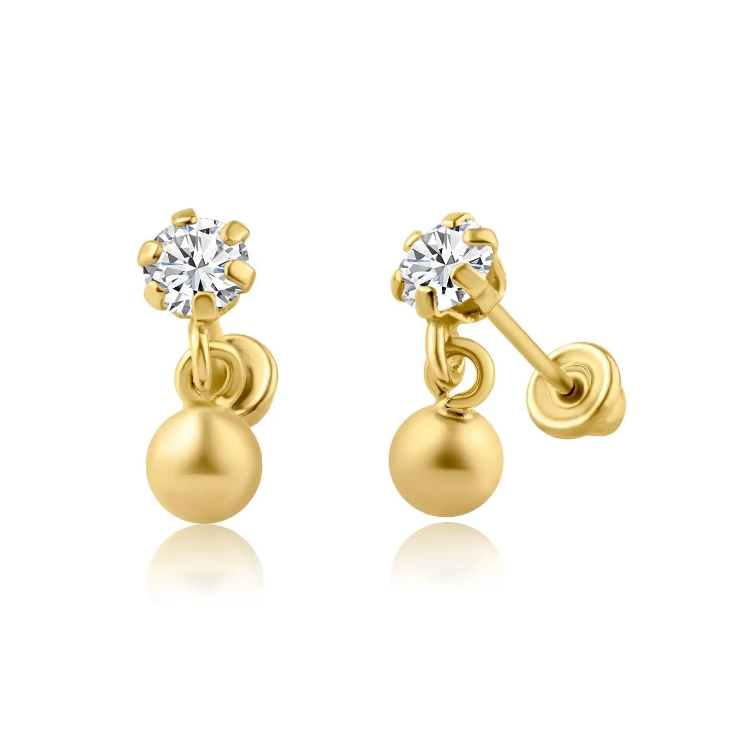 14 Karat Yellow Gold Dangling Ball CZ Screw Back Earring