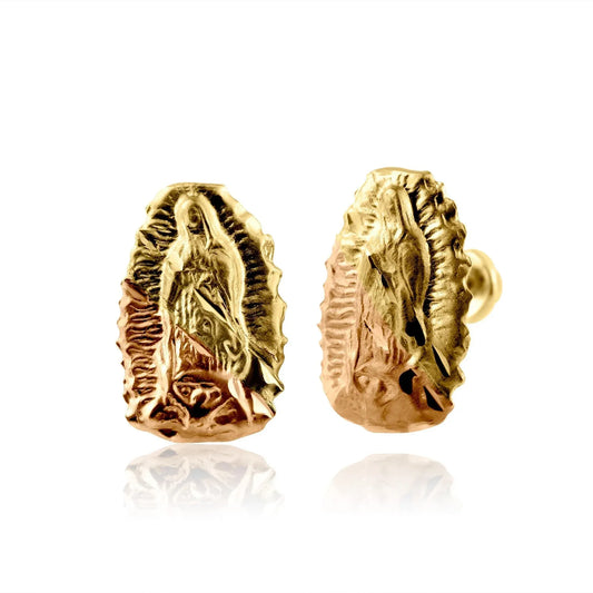 14 Karat Yellow Gold Three Color Virgin Mary Screw Back Earring