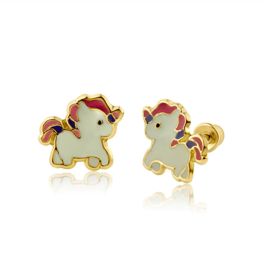 14 Karat Yellow Gold Unicorn Screw Back Earring