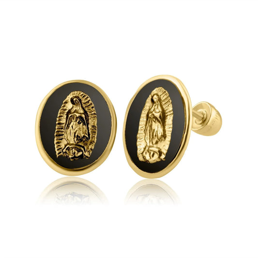 14 Karat Yellow Gold Onyx Virgin Mary Screw Back Earring