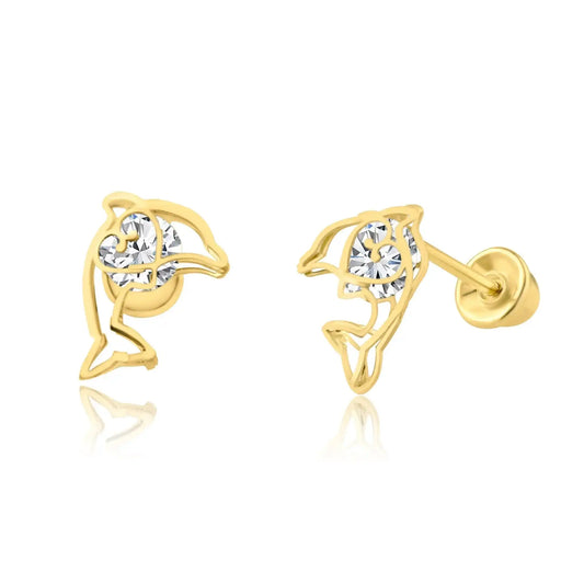 14 Karat Yellow Gold CZ Open Dolphin Screw Back Earring