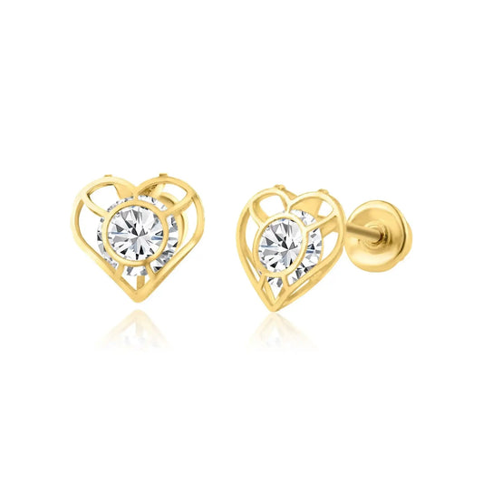 14 Karat Yellow Gold CZ Open Heart Screw Back Earring